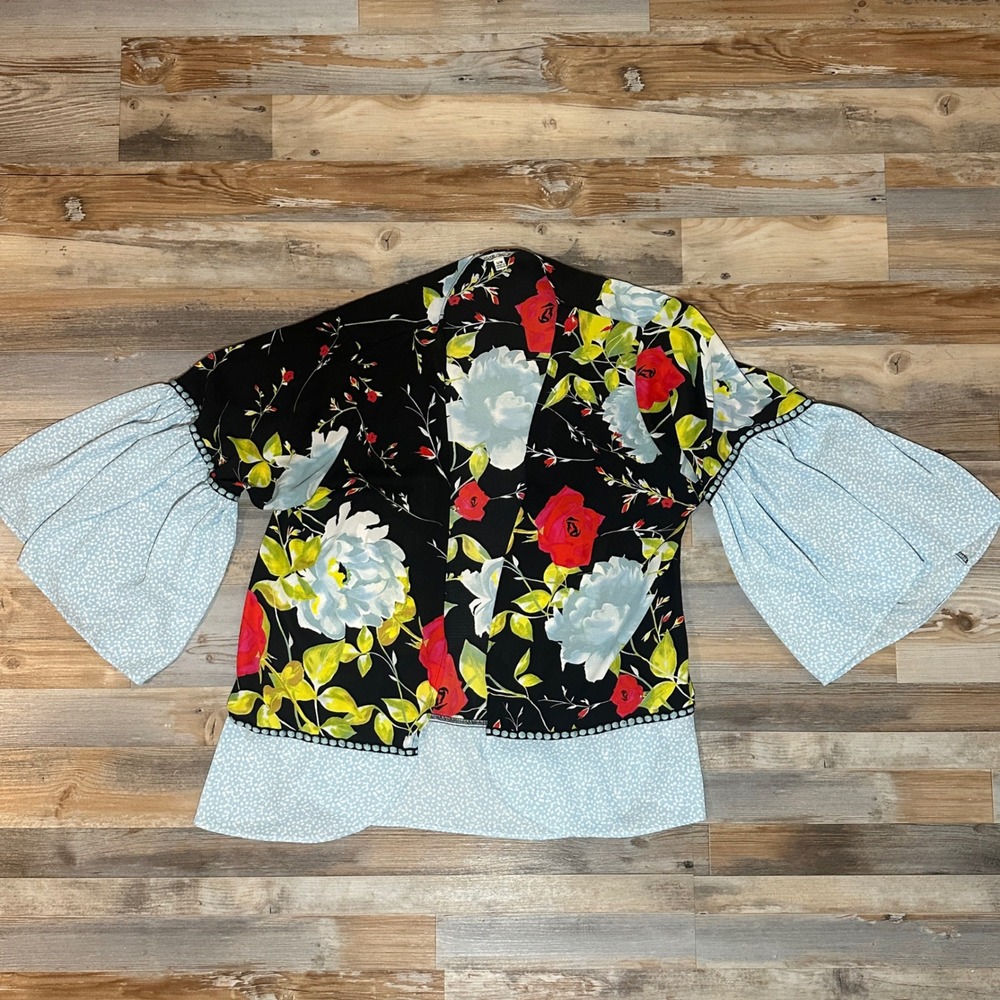 The Pioneer Woman Floral Kimono Top Black Rose Blue Polka Dot Bell Sleeve S/M
